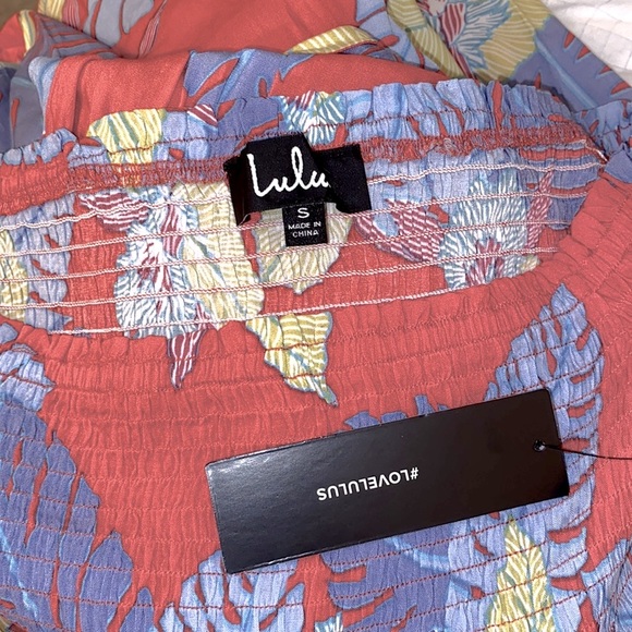 Lulu’s Coral Tropical Print Smocked Bodice Side Slit Maxi Dress - Picture 10 of 13